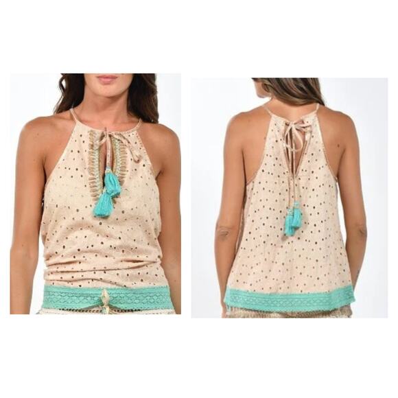 Gypsy Queen Paris Collection Beige & Turquoise Eyelet Halter Top - Size M/L -NWT - Picture 1 of 16